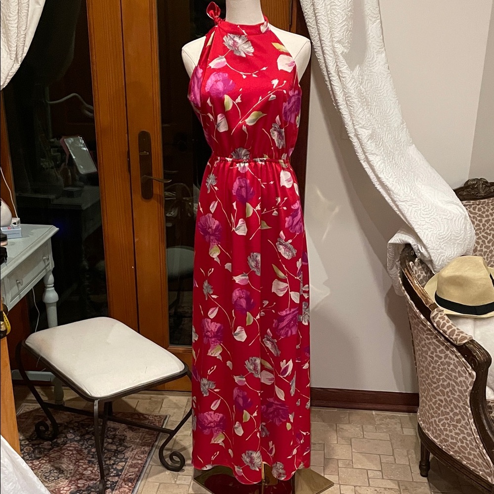 Banana Republic Red and White Floral Dress XS EUC Maxi Lined Pockets - Picture 4 of 13